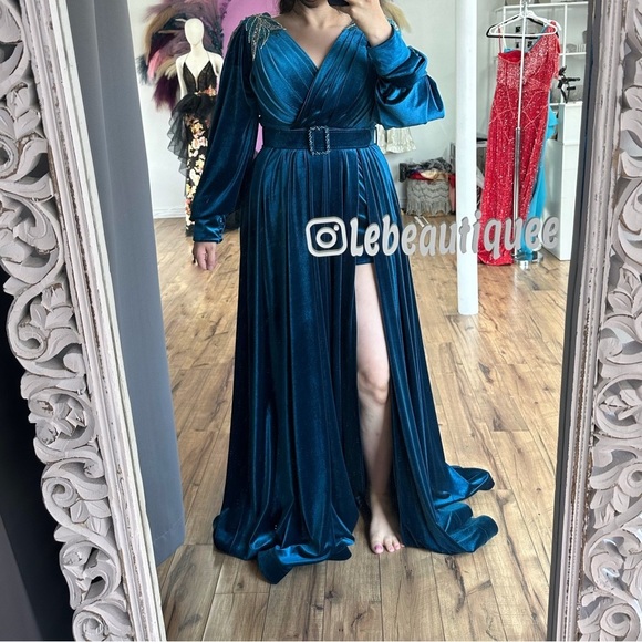 Velvet Belted Long Sleeve Gown - Picture 1 of 2